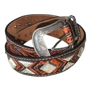 Mens 3D sz 42 Hand Tooled Leather Belt WIth Silver Tone Concho Made in India NEW
